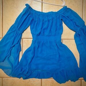 Blue Off-Shoulder Dress with Bell Sleeves